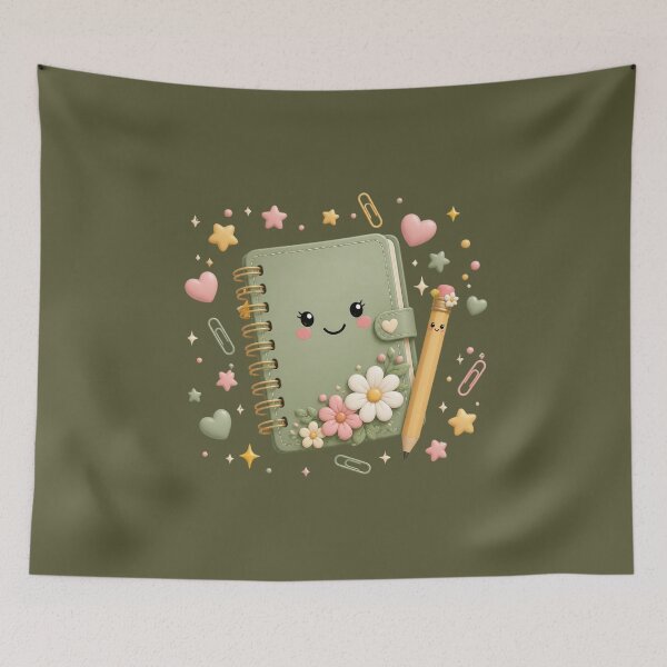 Item preview, Cute Kawaii Green Notebook with Flowers and Pencil designed and sold by All About DigiCraft by Fedelina.