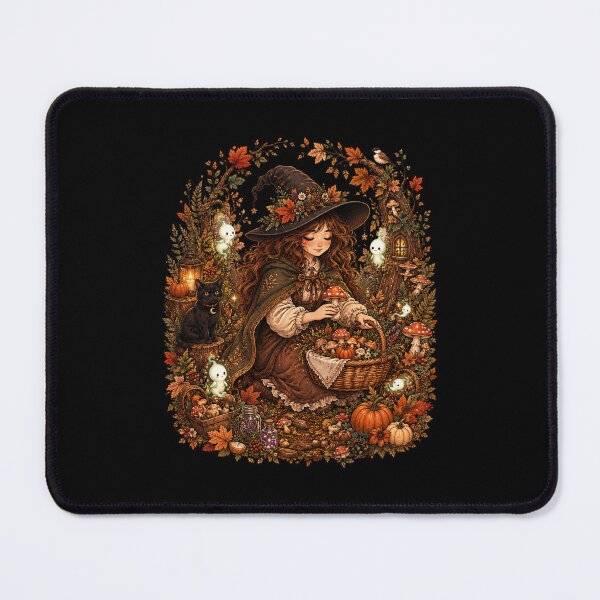 Item preview, Cozy Autumn Witch Mushroom Foraging Cottagecore Black Cat designed and sold by FestivityFinds.