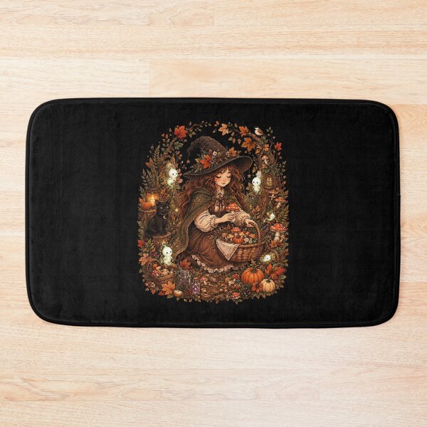 Item preview, Cozy Autumn Witch Mushroom Foraging Cottagecore Black Cat designed and sold by FestivityFinds.