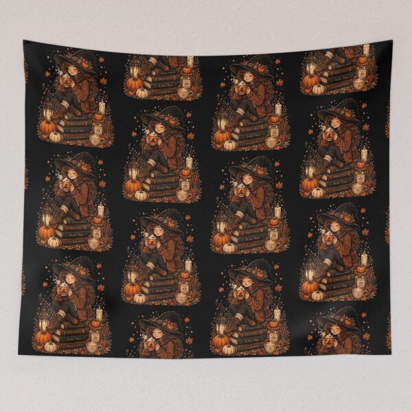 Item preview, Cozy Autumn Witch Pumpkin Spice Latte & Spellbooks designed and sold by FestivityFinds.