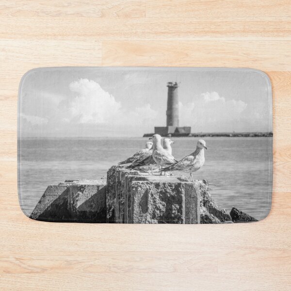 Item preview, gulls in front of Sheboygan lighthouse in black and white designed and sold by TerraMediaLLC.