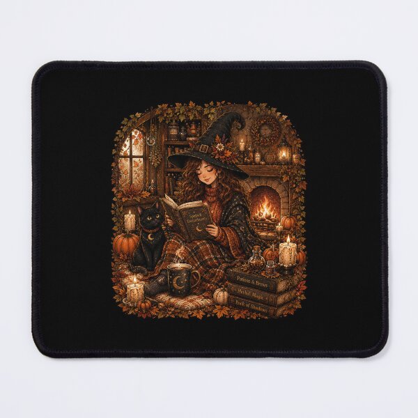 Item preview, Cozy Autumn Witch Reading with a Black Cat designed and sold by FestivityFinds.