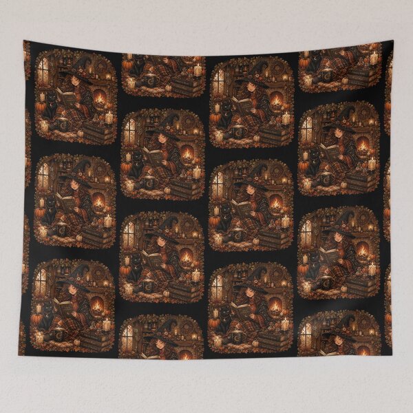 Item preview, Cozy Autumn Witch Reading with a Black Cat designed and sold by FestivityFinds.
