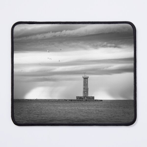 Item preview, Rain behind Sheboygan Wisconsin lighthouse black and white designed and sold by TerraMediaLLC.