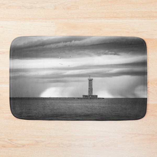 Item preview, Rain behind Sheboygan Wisconsin lighthouse black and white designed and sold by TerraMediaLLC.