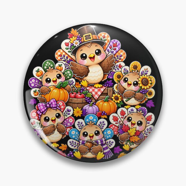Item preview, Kawaii Thanksgiving Turkey Harvest Party, Cute Autumn Turkey Family with Pumpkins, Sunflowers and Fall Leaves designed and sold by ALH Apparel.