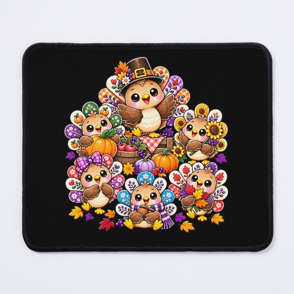 Item preview, Kawaii Thanksgiving Turkey Harvest Party, Cute Autumn Turkey Family with Pumpkins, Sunflowers and Fall Leaves designed and sold by ALH Apparel.