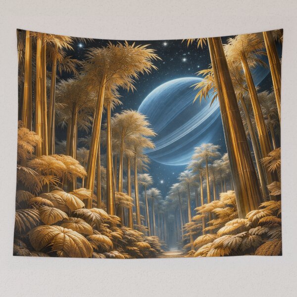 Item preview, Golden Bamboo Forest Under Blue Planet – Celestial Fantasy Nature Art Print designed and sold by Kaleidoscope Print.