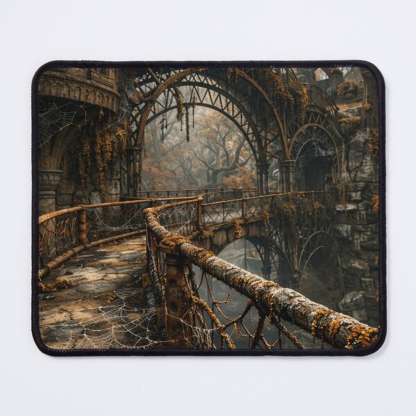 Item preview, Abandoned Gothic Bridges with Spider Webs – Dark Autumn Fantasy Landscape Art Print designed and sold by Kaleidoscope Print.