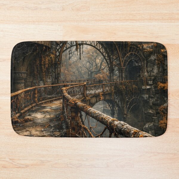 Item preview, Abandoned Gothic Bridges with Spider Webs – Dark Autumn Fantasy Landscape Art Print designed and sold by Kaleidoscope Print.