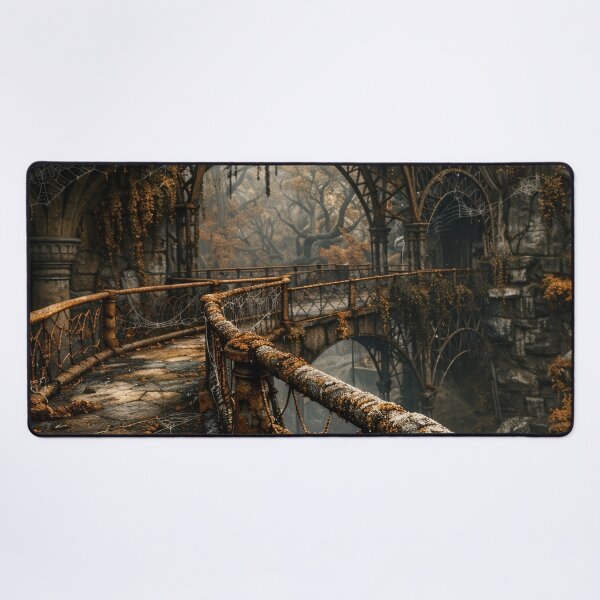 Item preview, Abandoned Gothic Bridges with Spider Webs – Dark Autumn Fantasy Landscape Art Print designed and sold by Kaleidoscope Print.