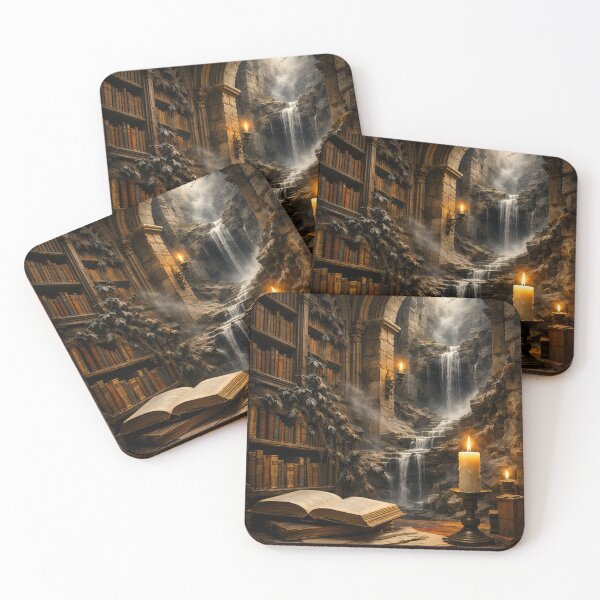 Item preview, Ancient Gothic Library with Waterfall – Dark Academia Fantasy Book Art Print designed and sold by Kaleidoscope Print.