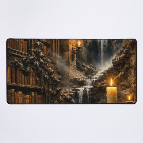 Item preview, Ancient Gothic Library with Waterfall – Dark Academia Fantasy Book Art Print designed and sold by Kaleidoscope Print.