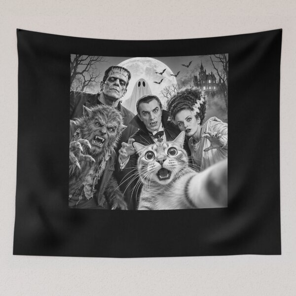 Item preview, Cat Selfie with Retro Horror Movie Monsters Funny Halloween designed and sold by raewaelchi.