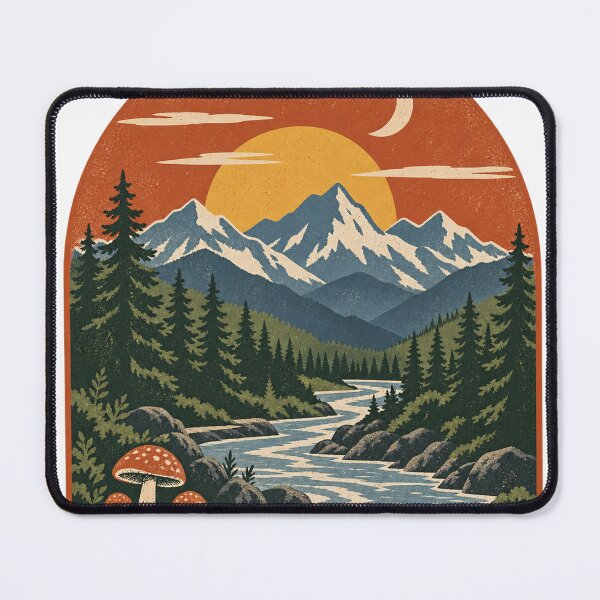 Item preview, Retro Mountain River and Mushrooms designed and sold by WaynesCave.