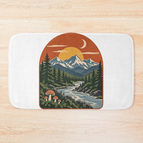 Item preview, Retro Mountain River and Mushrooms designed and sold by WaynesCave.