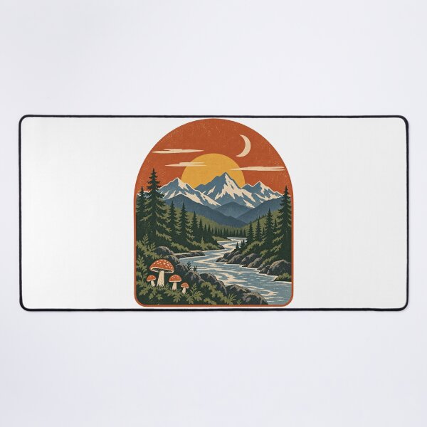 Item preview, Retro Mountain River and Mushrooms designed and sold by WaynesCave.
