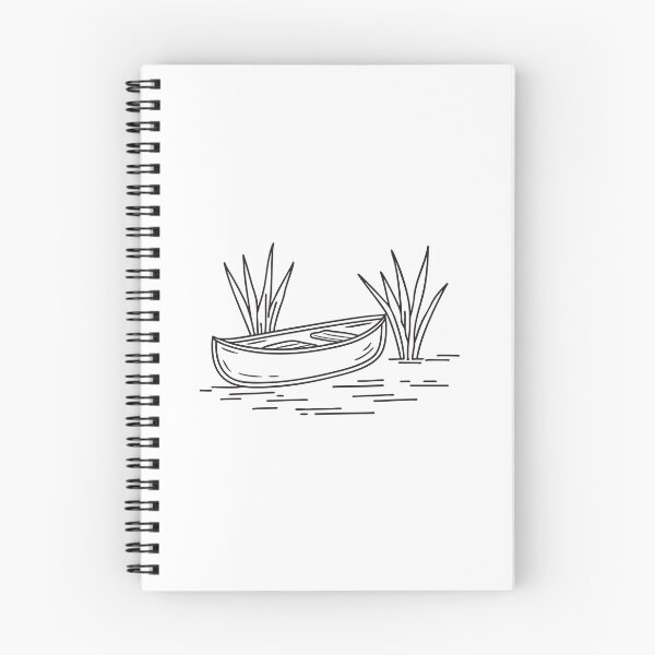 Item preview, doodle illustration of a narrow canoe floating close to riverbank grasses designed and sold by rasagamastore.