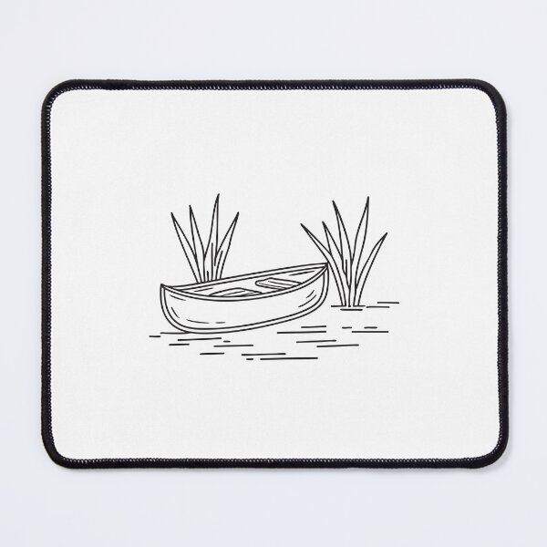 Item preview, doodle illustration of a narrow canoe floating close to riverbank grasses designed and sold by rasagamastore.