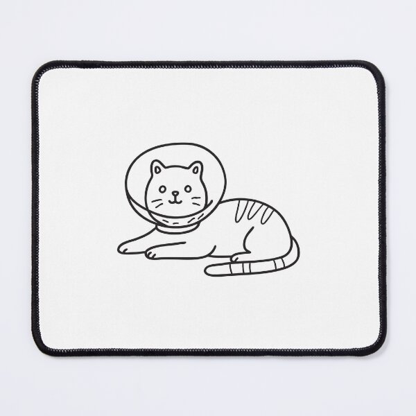 Item preview, doodle illustration of a cat wearing doodle illustration of a cone lying on the floor designed and sold by rasagamastore.