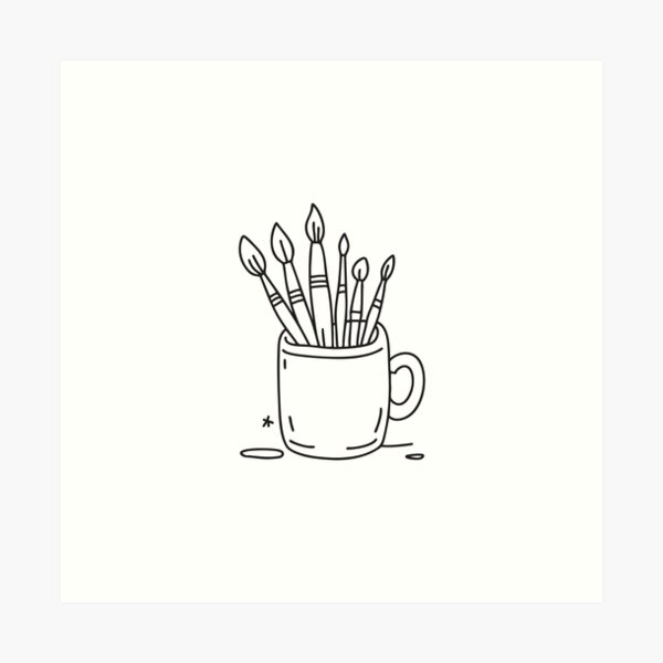 Item preview, doodle illustration of a cup holding various brushes for painting designed and sold by rasagamastore.
