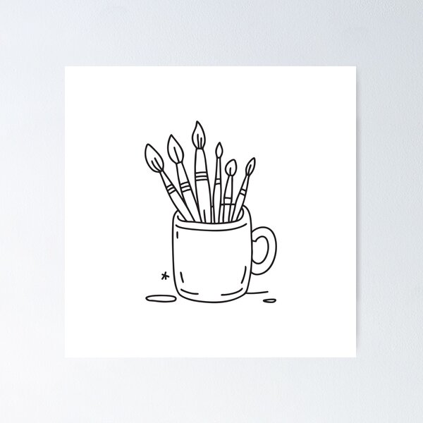 Aperçu de l'œuvre Illustration dessinée à la main d'une tasse contenant divers pinceaux pour la peinture créée et vendue par rasagamastore.