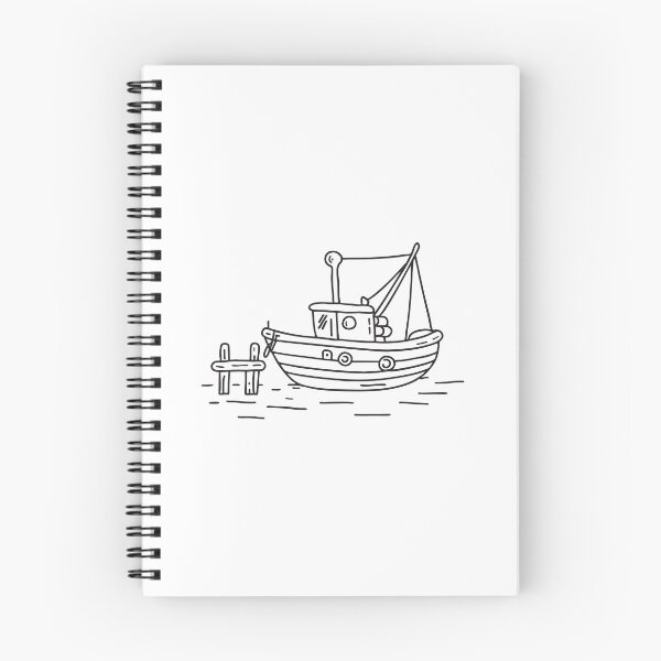Item preview, doodle illustration of a fish boat secured near doodle illustration of a wooden pier designed and sold by rasagamastore.