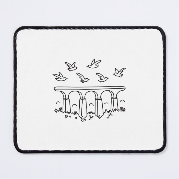 Item preview, doodle illustration of a flock of birds soaring under doodle illustration of a stone viaduct designed and sold by rasagamastore.