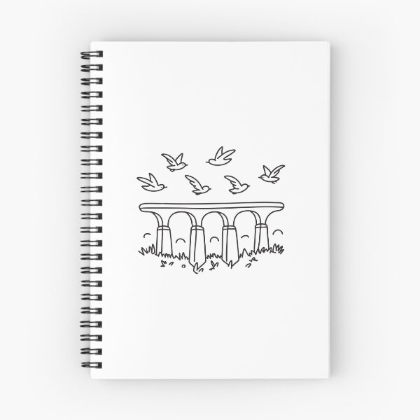 Item preview, doodle illustration of a flock of birds soaring under doodle illustration of a stone viaduct designed and sold by rasagamastore.