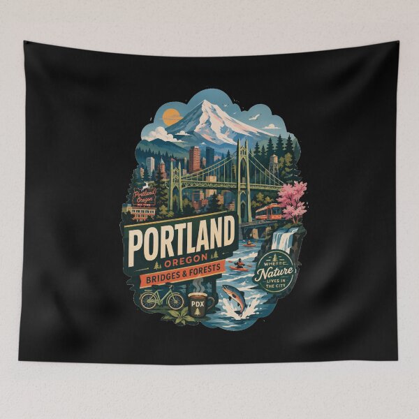 Item preview, Portland Oregon | Pacific Northwest Bridges & Forests Vintage Illustration designed and sold by Dikshant Goyal.