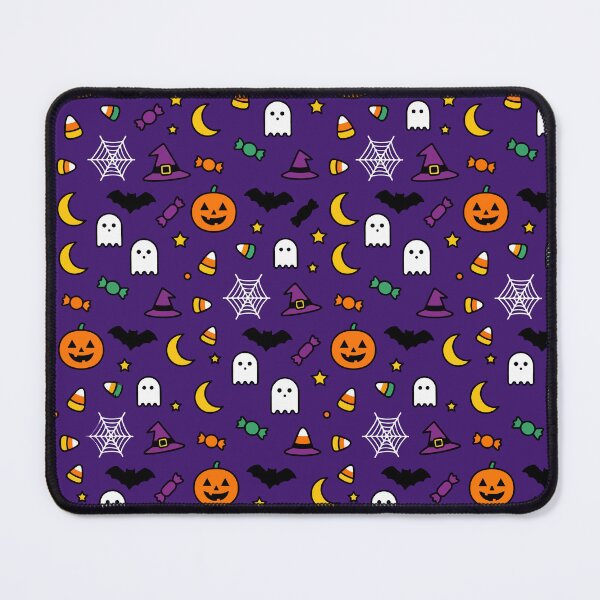 Item preview, Halloween Seamless Pattern Vector with Cute Pumpkins, Ghosts, Witch Hats, and Sweets on Purple Background designed and sold by YasminTaha.