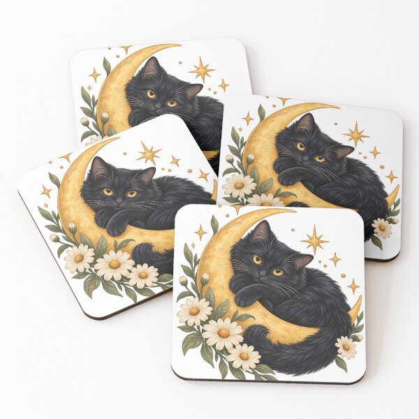 Item preview, Celestial Black Cat with Moon and Daisies designed and sold by Pixel & Ponder.
