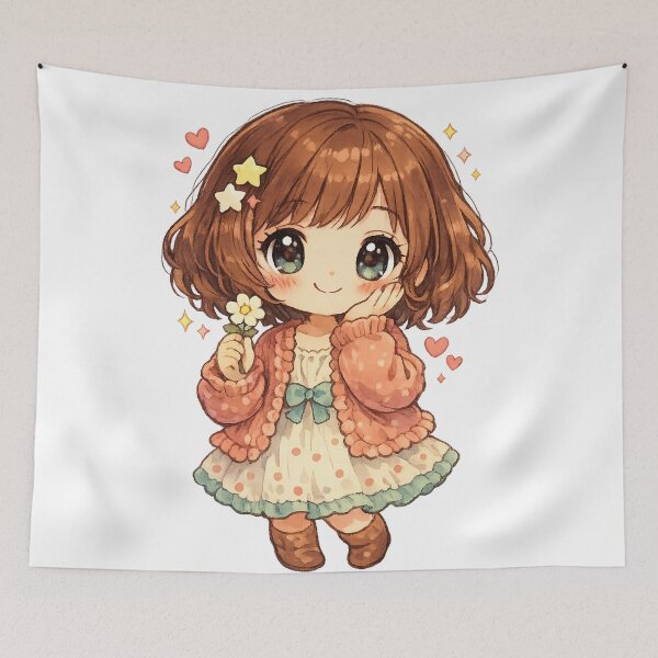 Item preview, Cute Chibi Girl with Flower Cozy Cottagecore Kawaii Pastel Art Design designed and sold by inkoutninja.