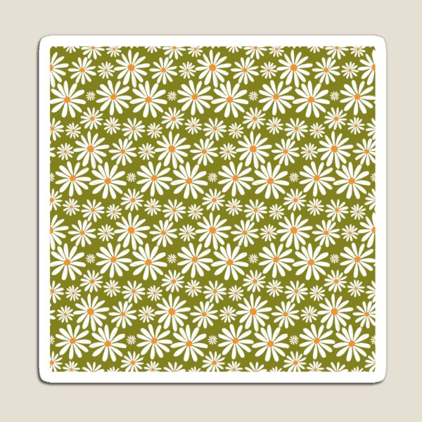 Item preview, Hand-drawn White Daisies with orange centre densely scattered on olive green background designed and sold by PrettywithColor.