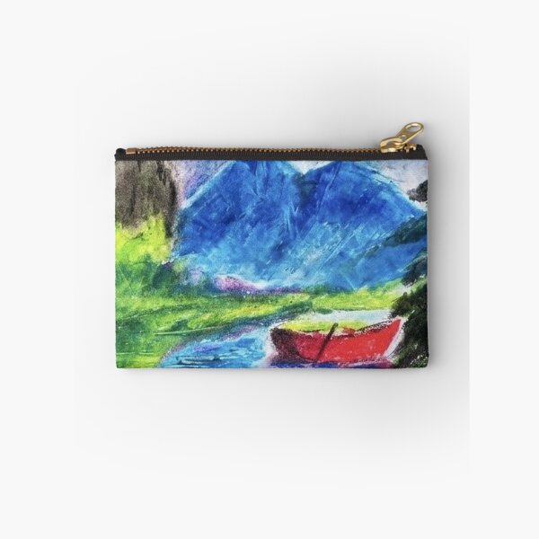 Item preview, Red Boat on Mountain Lake - Oil Pastel Landscape designed and sold by MOE'S LITTLE GALLERY.