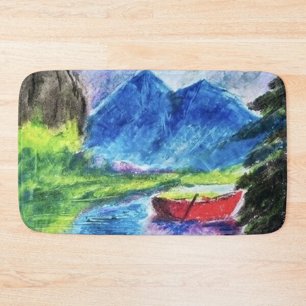 Item preview, Red Boat on Mountain Lake - Oil Pastel Landscape designed and sold by MOE'S LITTLE GALLERY.