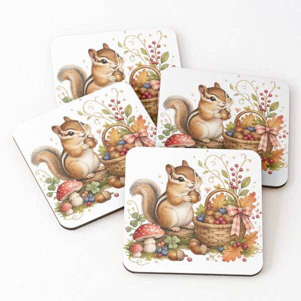 Item preview, Chipmunk Autumn Harvest Acorn Basket Cottagecore Woodland Art Design designed and sold by inkoutninja.