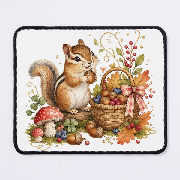 Item preview, Chipmunk Autumn Harvest Acorn Basket Cottagecore Woodland Art Design designed and sold by inkoutninja.