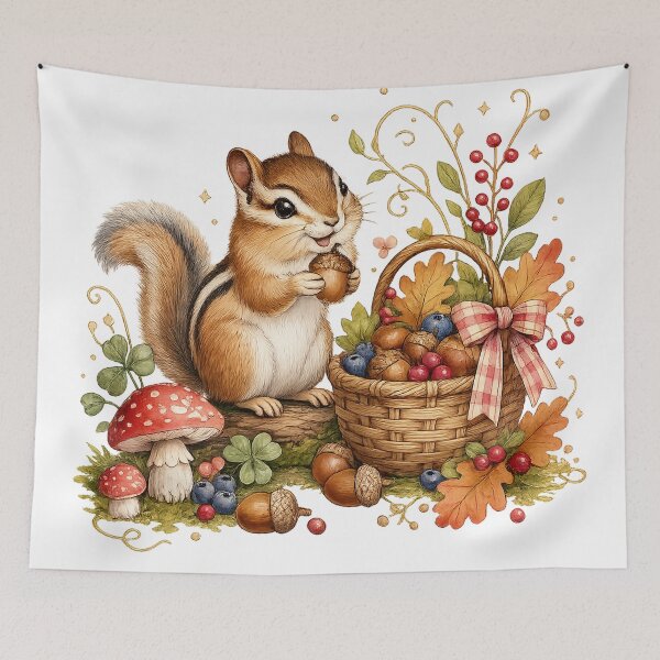 Item preview, Chipmunk Autumn Harvest Acorn Basket Cottagecore Woodland Art Design designed and sold by inkoutninja.