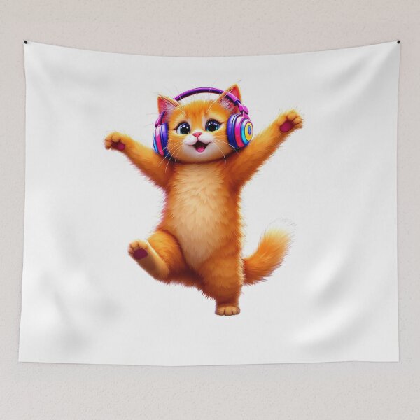 Item preview, Cute Dancing Orange Kitten Wearing Colorful Headphones Print designed and sold by VeleS68.