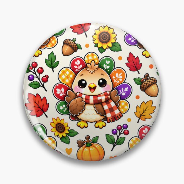 Item preview, Kawaii Thanksgiving Turkey Pattern, Cute Autumn Harvest Turkeys with Pumpkins, Sunflowers, Acorns and Fall Leaves designed and sold by ALH Apparel.