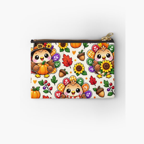 Item preview, Kawaii Thanksgiving Turkey Pattern, Cute Autumn Harvest Turkeys with Pumpkins, Sunflowers, Acorns and Fall Leaves designed and sold by ALH Apparel.
