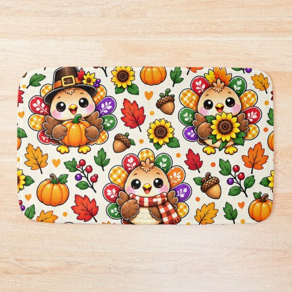 Item preview, Kawaii Thanksgiving Turkey Pattern, Cute Autumn Harvest Turkeys with Pumpkins, Sunflowers, Acorns and Fall Leaves designed and sold by ALH Apparel.