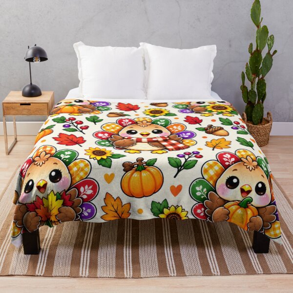 Item preview, Kawaii Thanksgiving Turkey Pattern, Cute Autumn Harvest Turkeys with Pumpkins, Sunflowers, Acorns and Fall Leaves designed and sold by ALH Apparel.