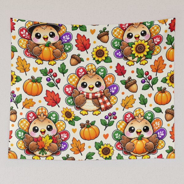 Item preview, Kawaii Thanksgiving Turkey Pattern, Cute Autumn Harvest Turkeys with Pumpkins, Sunflowers, Acorns and Fall Leaves designed and sold by ALH Apparel.
