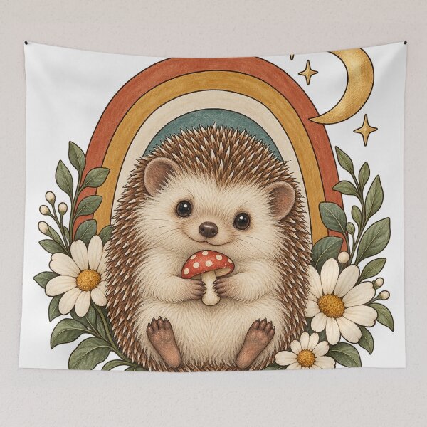 Item preview, Retro Celestial Hedgehog with Mushroom and Daisies designed and sold by Pixel & Ponder.