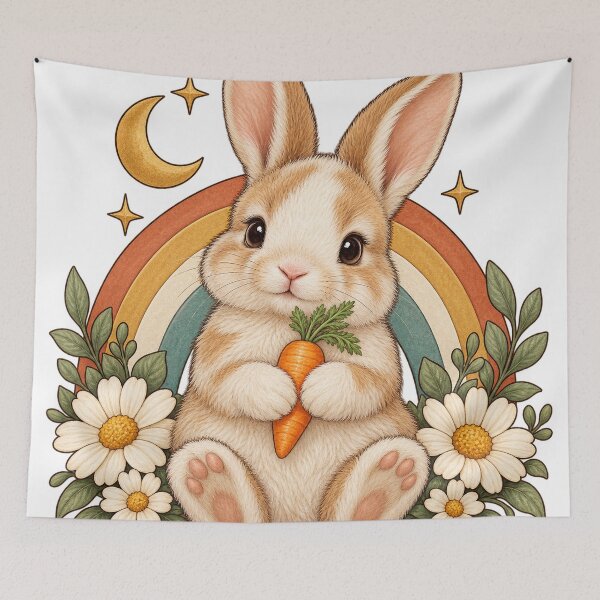 Item preview, Retro Celestial Bunny with Carrot and Daisies designed and sold by Pixel & Ponder.