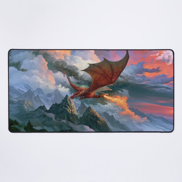 Item preview, A colossal Dragon soaring above jagged mountain peaks breathing streams of fire beneath storm-filled skies, Fantasy & Mythological Creatures designed and sold by CDC40.