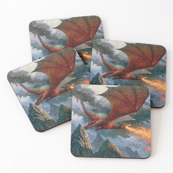 Item preview, A colossal Dragon soaring above jagged mountain peaks breathing streams of fire beneath storm-filled skies, Fantasy & Mythological Creatures designed and sold by CDC40.