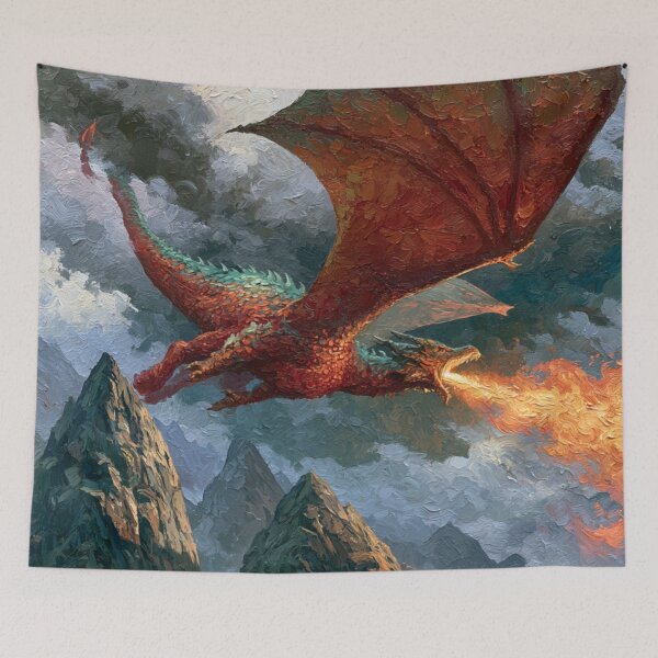 Item preview, A colossal Dragon soaring above jagged mountain peaks breathing streams of fire beneath storm-filled skies, Fantasy & Mythological Creatures designed and sold by CDC40.